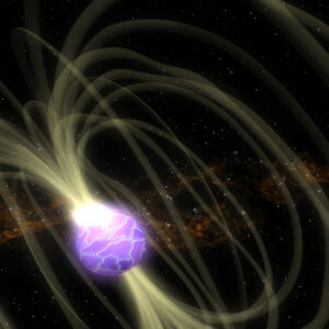 Image of a purple sphere on a star studded background. The sphere has a series of glowing yellow lines curving out from its poles.