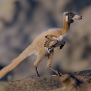 Artist's conception of a small dinosaur covered in fluffy tan feathers.