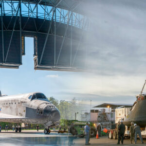A montage of two photos showing a winged orbiter entering a hangar and a space capsule being lowered by a crane.