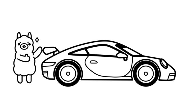 A cartoon llama stands next to a sports car