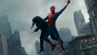 spiderman flying through the air between skyscrapers holding a man in a suit with one arm and hanging onto his webbing with the other
