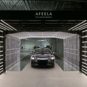 An Afeela prototype in a light box to check for defects