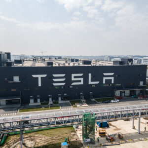 SHANGHAI,CHINA - MARCH 29: An aerial view of Tesla Shanghai Gigafactory on March 29, 2021 in Shanghai, China. Tesla Shanghai Gigafactory is reportedly producing vehicles at a rate of about 450,000 cars per year. (Photo by Xiaolu Chu/Getty Images)