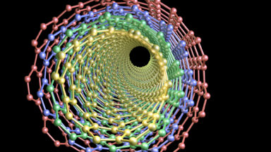 Image of a ball-and-stick model of carbon nanotubes. The main tube is composed of four individual tubes wrapped concentrically around each other, each a different color.