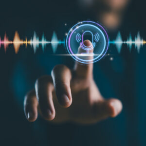 Voice recording. Man touching microphone icon on smartphone. Mobile application record sound, audio, music, voice message or use your voice to direct AI to search for information on Internet.