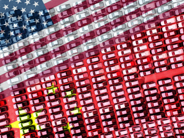 US and Chinese flags superimposed on top of a top-down view of hundreds of cars