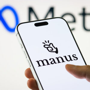 In this photo illustration, the Manus logo is displayed on a smartphone screen, with the Meta logo visible in the background, on January 7, 2026 in Chongqing, China.