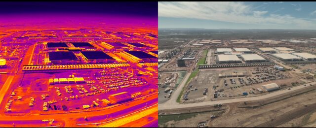 A side-by-side comparison of two drone camera images showing one of the Stargate data centers in both RGB and thermal imagery.