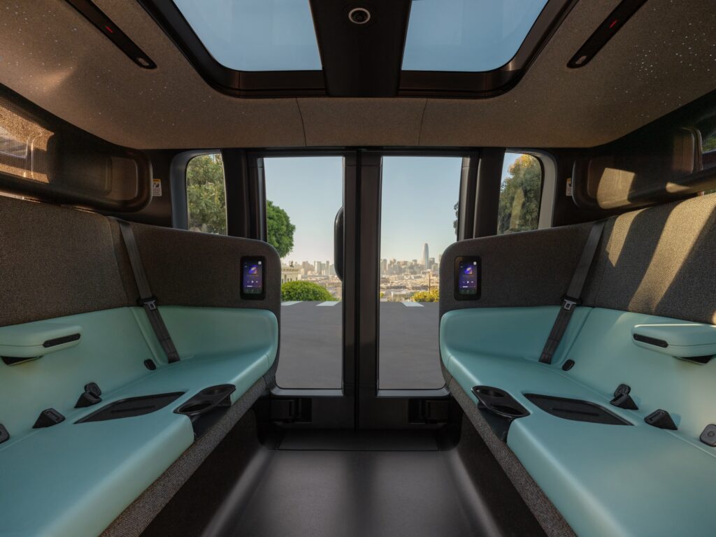 Zoox robotaxi interior.