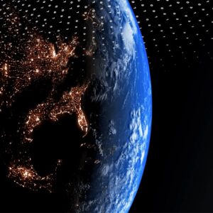 Promotional image for the Amazon Leo satellite service shows the Earth from space and the word "Leo" written many times in small letters.