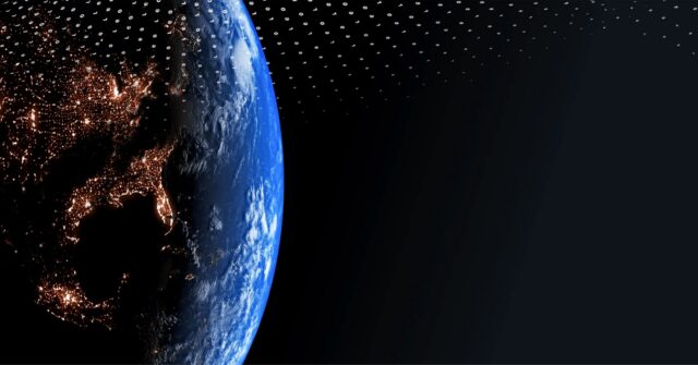 Promotional image for the Amazon Leo satellite service shows the Earth from space and the word "Leo" written many times in small letters.