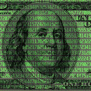 A $100 bill with green digital numbers appearing throughout the bill.