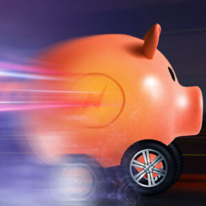 A piggy bank on wheels go speeding