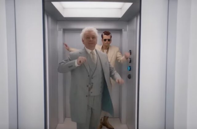 angel and a demon escaping heaven in an elevator