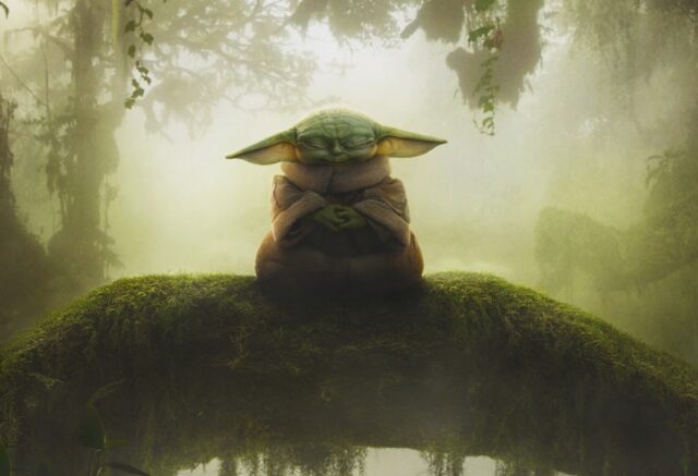 poster art showing yoda-like figure in silhouette sitting on a branch in a swamp