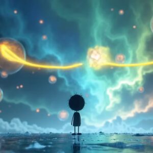 illustration of a small black childlike figure dwarfed by the vast expanse of a colorful quantum universe