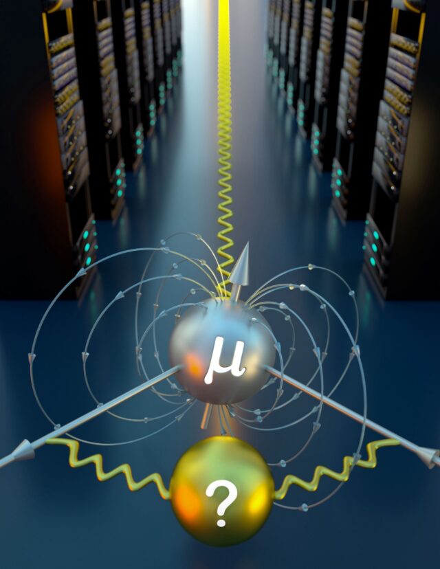 Artistic illustration of a supercomputer simulation showing the effect of the strong nuclear force on the muon's magnetism.