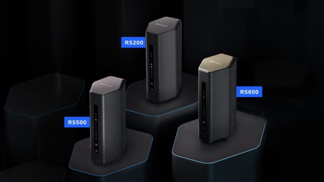 Three Netgear routers shown in a product marketing image.