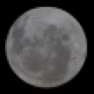 A pixelated photo of a gray moon set against the blackness of space