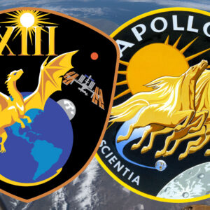 montage of two emblems, one featuring a golden dragon at its center, the other three golden horses