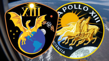 montage of two emblems, one featuring a golden dragon at its center, the other three golden horses