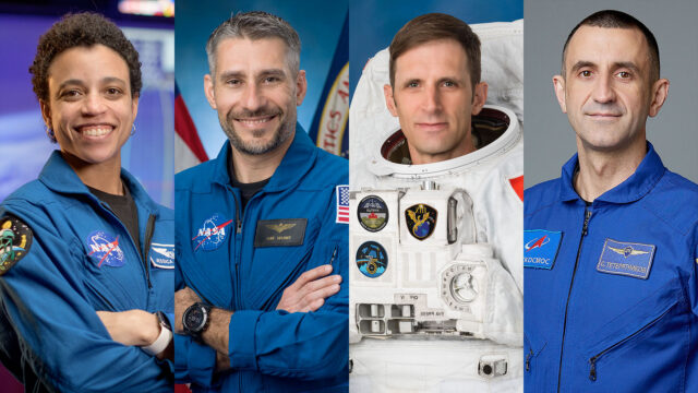 montage of four portraits, including a Black woman and three Caucasian men, all wearing flight or space suits