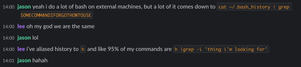 Screenshot of Lee and Jason commiserating over grepping history instead of using vim mode