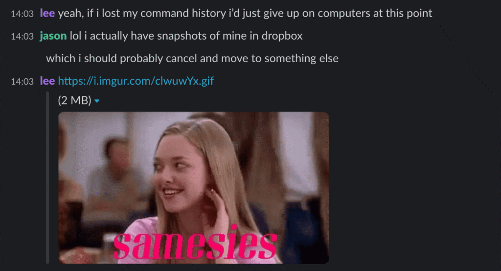 Second screenshot of Lee and Jason commiserating over grepping history instead of using vim mode