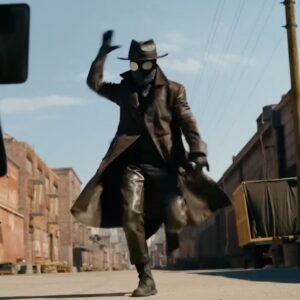 man in 1940s trench coat and black mask with hat running down a street ready to attack