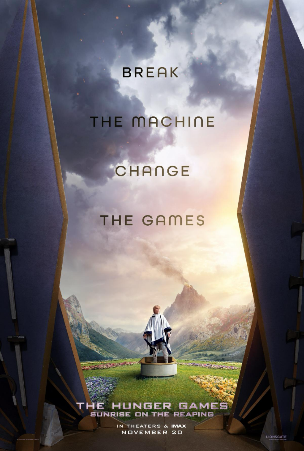 poster art showing young blonde man on a pedestal against a backdrop of an idyllic looking environment