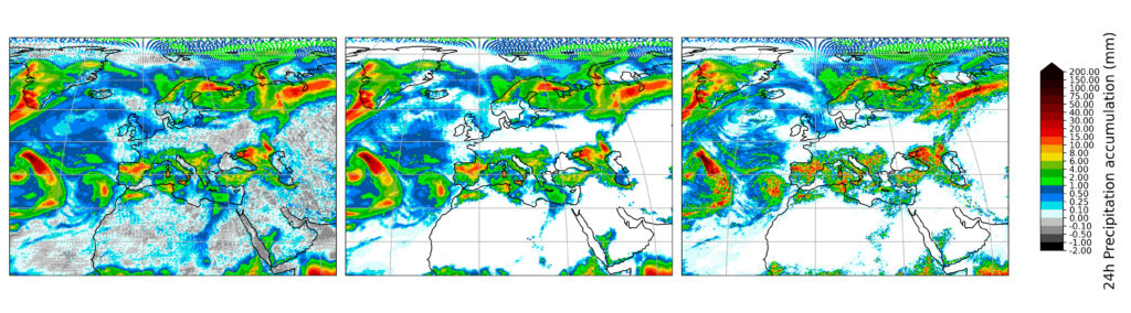 Three precipitation forecast maps over Europe.