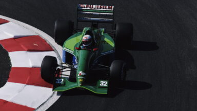 Bertrand Gachot of Luxembourg drives the #32 Jordan Team 7up Jordan 191 Ford HB 3.5 V8 during practice for the Rhone-Poulenc French Grand Prix on 6th July 1991 at the Circuit de Nevers Magny-Cours in Magny Cours, France. (Photo by Pascal Rondeau/Getty Images)