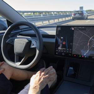 The editorial image shows the interior of the new Tesla Model 3 with Full Self-Driving activated. The photograph highlights the advanced autonomous driving system and the innovative design of Tesla's electric vehicles, representing the future of mobility and sustainable transport in Bari, Italy, on September 6, 2025. (Photo by Matteo Della Torre/NurPhoto via Getty Images)