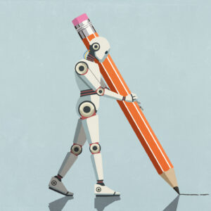 A humanoid robot is holding an oversized pencil as large as itself and drawing a line on the ground.