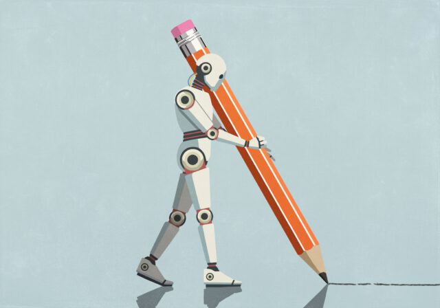 A humanoid robot is holding an oversized pencil as large as itself and drawing a line on the ground.