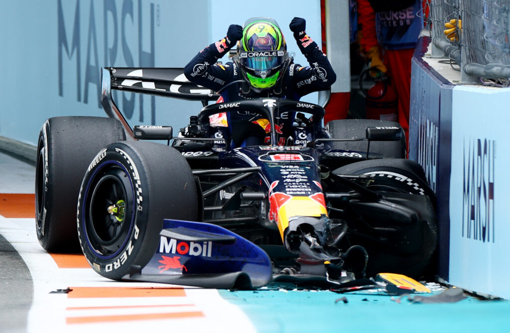 MIAMI, FLORIDA - MAY 03: Isack Hadjar of France and Oracle Red Bull Racing climbs out of his crashed car during the F1 Grand Prix of Miami at Miami International Autodrome on May 03, 2026 in Miami, Florida. (Photo by Clive Mason/Getty Images)
