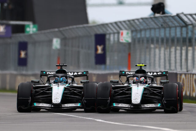 MONTREAL, QUEBEC - MAY 24: George Russell of Great Britain driving the (63) Mercedes AMG Petronas F1 Team W17 and Andrea Kimi Antonelli of Italy driving the (12) Mercedes AMG Petronas F1 Team W17 battle for track position during the F1 Grand Prix of Canada at Circuit Gilles-Villeneuve on May 24, 2026 in Montreal, Quebec. (Photo by Bryn Lennon - Formula 1/Formula 1 via Getty Images)