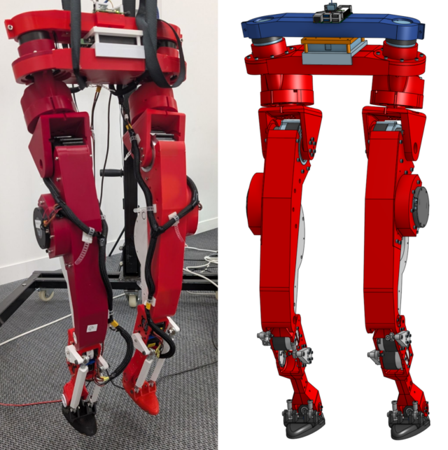 Two side-by-side images of red, 3D-printed humanoid robot legs. The left side shows a photo of the actual legs whereas the right side shows a concept design.