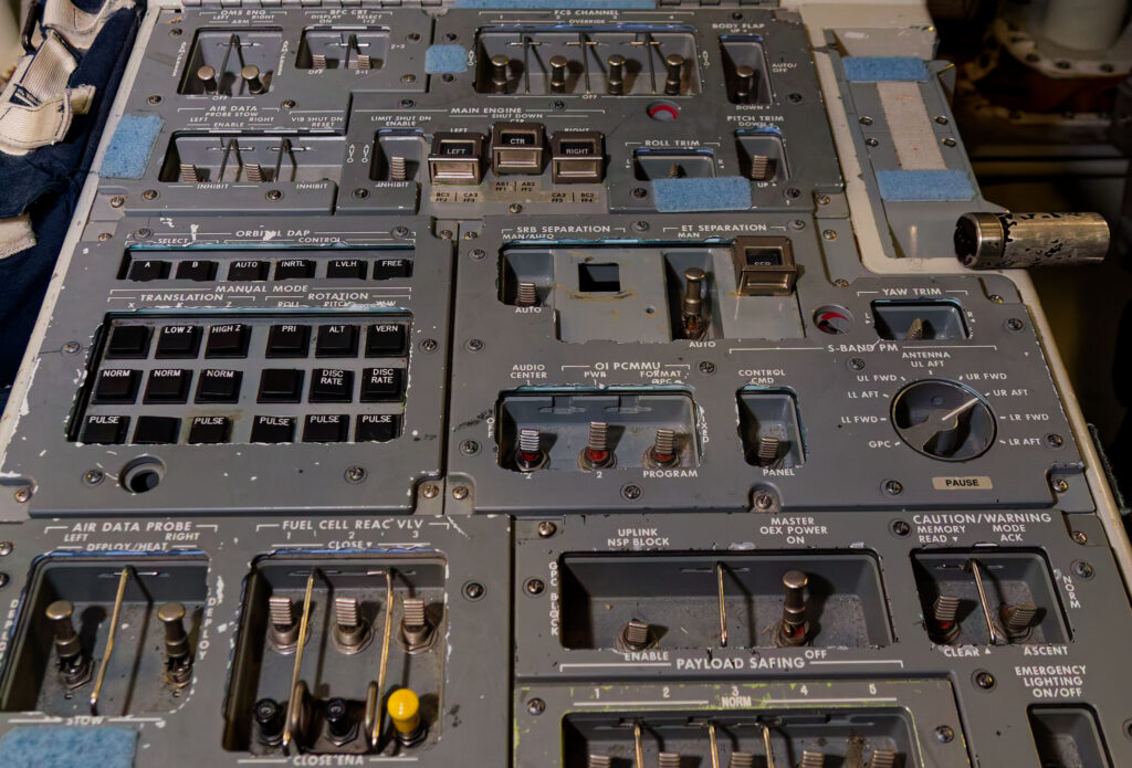 Image of the central control pedestal on board Crew Compartment Trainer 2 in the SVMF at JSC.