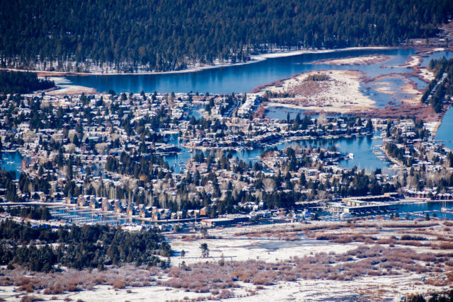Lake Tahoe mountain resort town aerial view