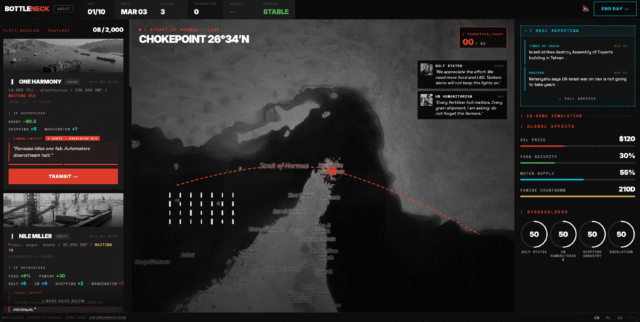 A screenshot of the browser-based game Bottleneck lists ships on the left that players can choose to navigate through the Strait of Hormuz. The right side shows the different factions and global challenges that players need to manage.