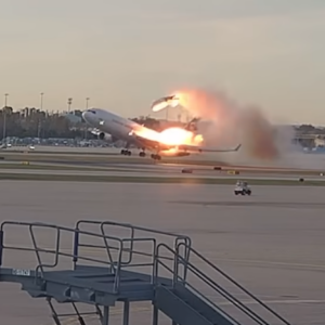 Still image from a video showing a cargo plane taking off while fire engulfs a wing and the left engine having detached. The crash of UPS flight 2976 killed three pilots aboard the aircraft and killed a dozen more people on the ground, with 23 people being injured.