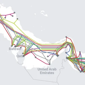 Multi-colored lines running through a map representing the Strait of Hormuz show undersea Internet cable routes.