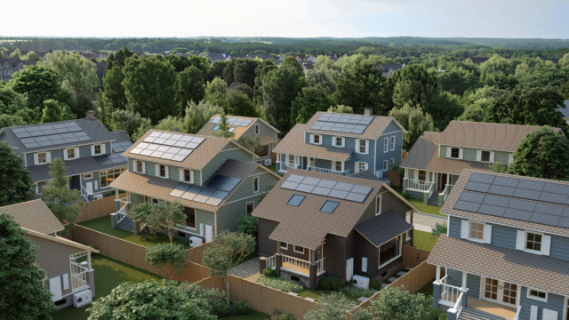 An image of suburban suburban buildings on a tree line. Each house has solar panels on the roof and a rectangular XFRA point on the exterior wall at the bottom, along with a smart wall-mounted panel and battery backup.