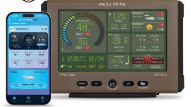 A marketing image for the AcuRite Optimus weather station with the AcuRite Now app pictured.