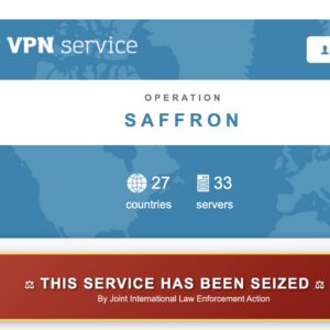 Screenshot of the First VPN service's website with a message stating that the service has been seized by a joint international law enforcement action.