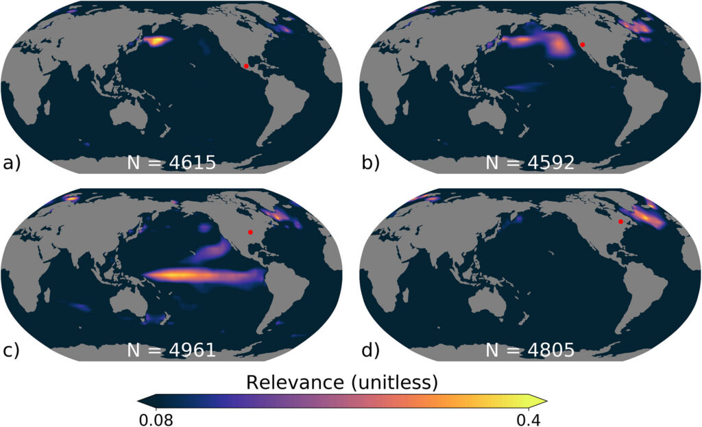 Four maps of the globe with color highlighting areas of the ocean.