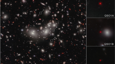Image of a large field of stars and galaxies, with three small boxes highlighting different regions. To the right, blowups of each of the boxes show a small red blur.
