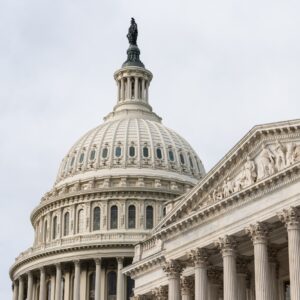 Exterior view of the US Capitol building, including its dome.