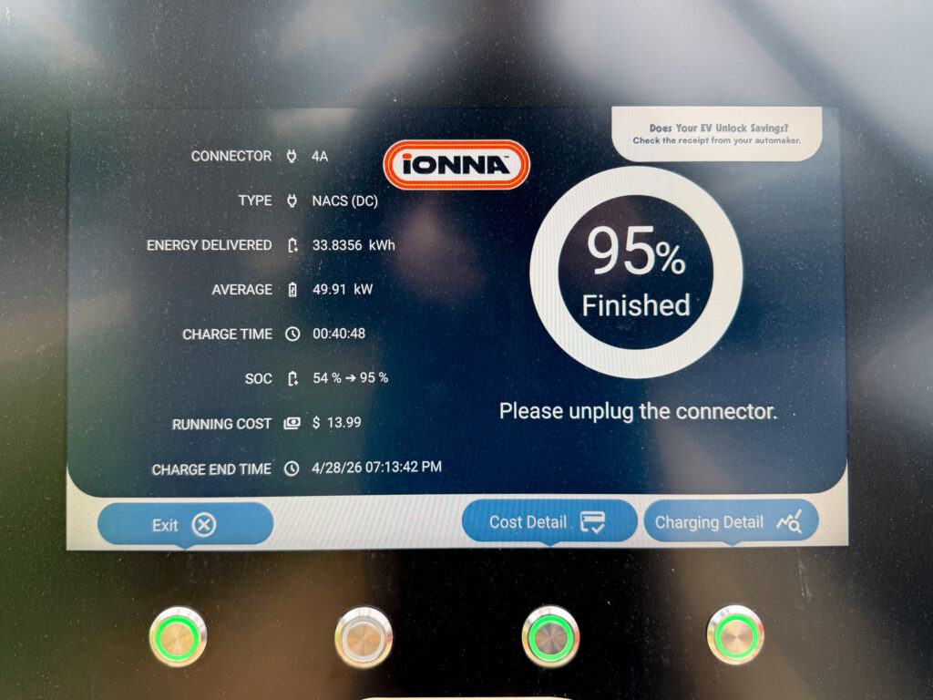 An IONNA charger screen showing $13.99 for 33.8 kWh.